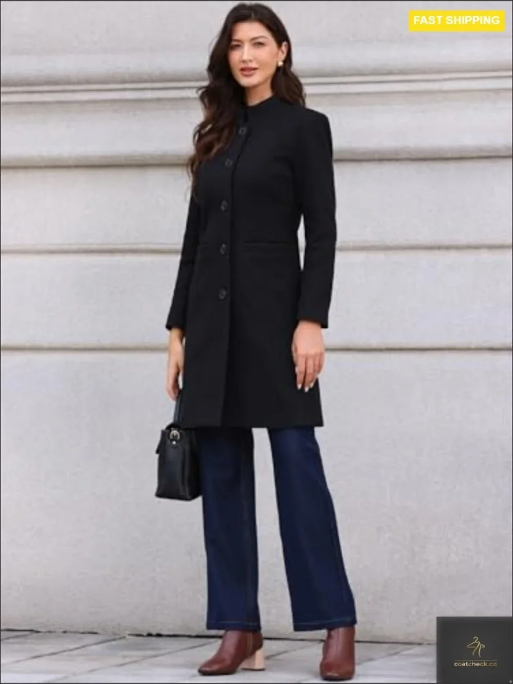 Pea Coat Stand Collar Single Breast Long Winter Coat with Pockets